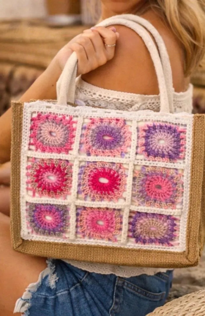 Bolso Crochet Granny Square Rosa y Lila, Bolso Boho Hecho a Mano, Tote Bag Crochet Mujer, Bolso Verano Playa, Bolso Artesanal