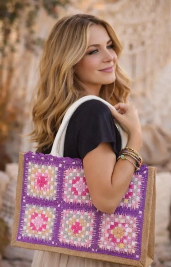 Bolso Crochet Granny Square Hecho a Mano, Bolso Boho de Yute, Tote Bag Artesanal Mujer, Bolso Bohemio Verano, Bolso Playa Crochet