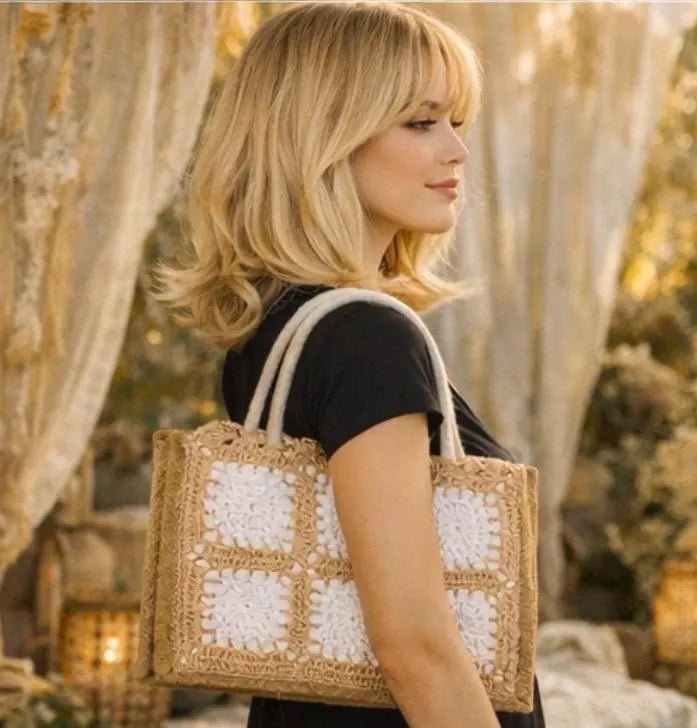 Bolso de Crochet Hecho a Mano con Granny Squares | Bolso Boho de Yute | Tote Bag Artesanal para Playa o Verano | Bolso Bohemio Mujer