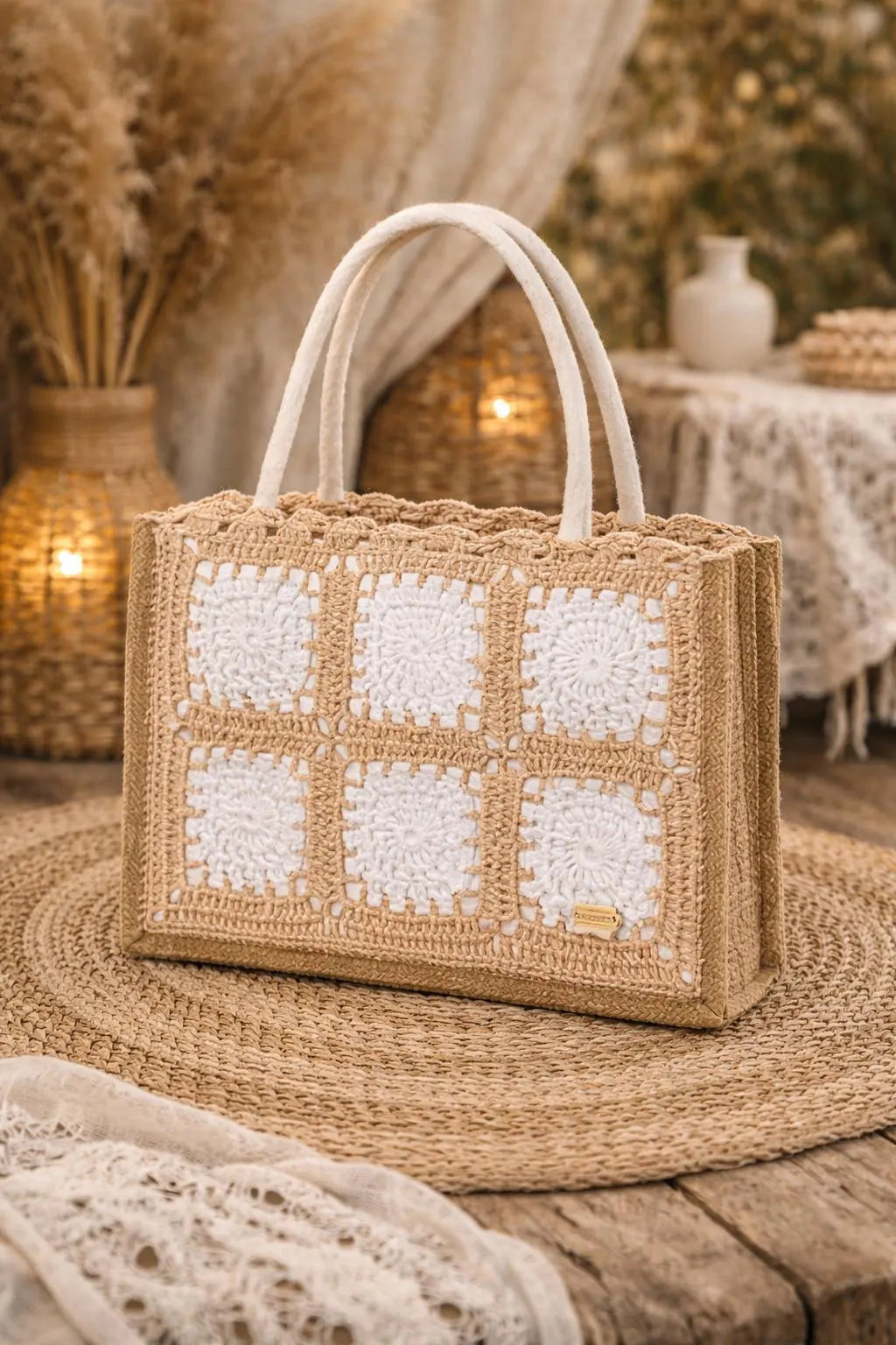 Bolso de Crochet Hecho a Mano con Granny Squares | Bolso Boho de Yute | Tote Bag Artesanal para Playa o Verano | Bolso Bohemio Mujer