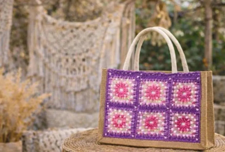 Bolso Crochet Granny Square Hecho a Mano, Bolso Boho de Yute, Tote Bag Artesanal Mujer, Bolso Bohemio Verano, Bolso Playa Crochet