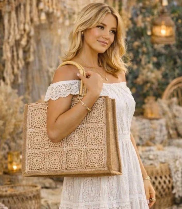 Bolso de Crochet Granny Square Hecho a Mano | Bolso Boho de Yute | Tote Bag Artesanal Colorido | Bolso Bohemio Mujer Playa Verano