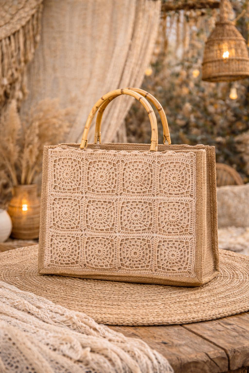Bolso de Crochet Granny Square Hecho a Mano | Bolso Boho de Yute | Tote Bag Artesanal Colorido | Bolso Bohemio Mujer Playa Verano