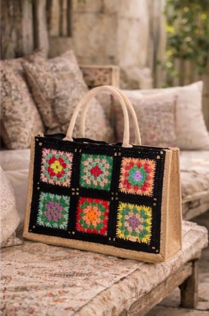 Bolso Crochet Beige Hecho a Mano | Bolso Boho de Yute | Granny Square Tote Bag | Bolso Mujer Elegante Natural | Bolso Playa