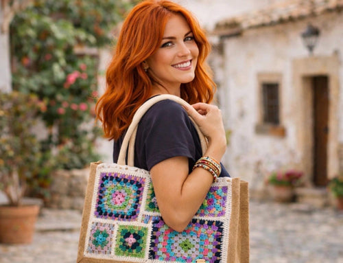 Bolso Crochet Granny Square Multicolor, Bolso Boho Hecho a Mano, Tote Bag Crochet Mujer, Bolso Playa Verano, Bolso Artesanal de Yute